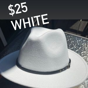 White Fedora Hat (New) with leather stray around the brim of the hat